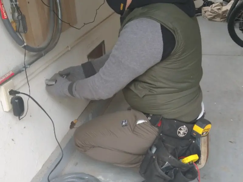 Electrician performing outlet wiring in a Acton garage
